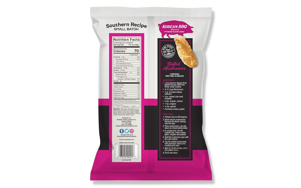 Southern Recipe Small Batch Pork Rinds | Korean Kimchi BBQ Chicharrones | Keto Friendly, Gluten Free, Low Carb Food | 7g of Collagen Per Serving | High Protein | 4 Oz Bag 2 Bags