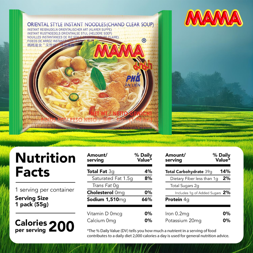MAMA Noodles Chand Clear Pho Soup Instant Rice Noodles w/Delicious Thai Flavors, Hot & Spicy Noodles, No Trans Fat w/Fewer Calories Than Deep Fried Noodles 5 Pack