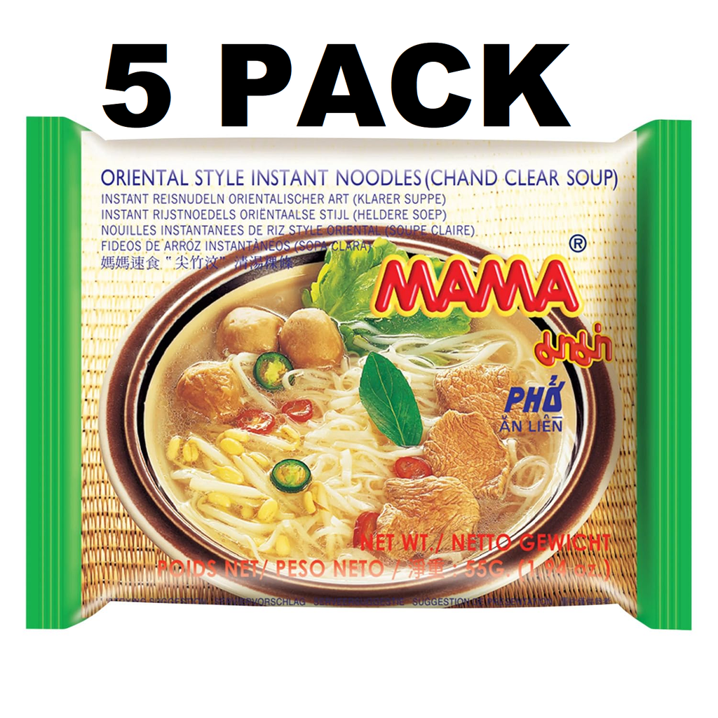 MAMA Noodles Chand Clear Pho Soup Instant Rice Noodles w/Delicious Thai Flavors, Hot & Spicy Noodles, No Trans Fat w/Fewer Calories Than Deep Fried Noodles 5 Pack