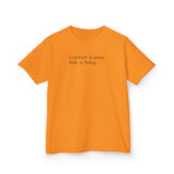 Adventurous Kids Tee: Comfort is Easy, Risk is Living, Motivational Shirt, Gift for Young Explorers, Fun Everyday Wear