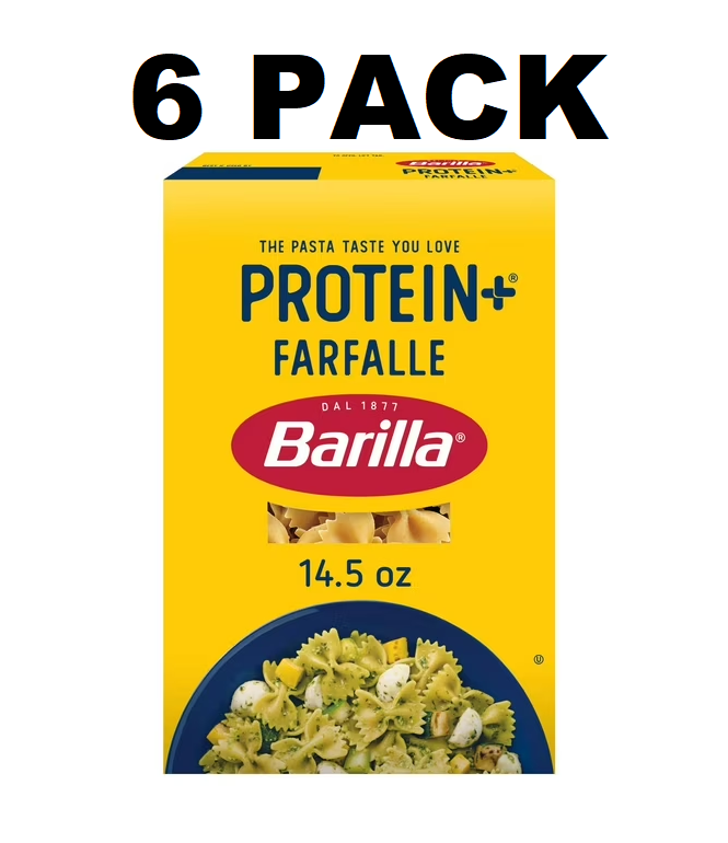 Barilla Protein+ Farfalle pasta box with '6 Pack' text on a white background