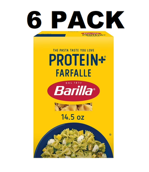 Barilla Protein+ Farfalle pasta box with '6 Pack' text on a white background