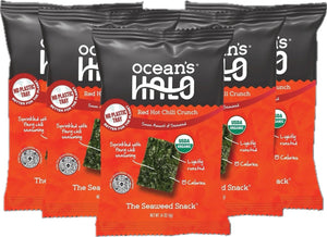 (5 pack) Ocean's Halo, Organic Trayless Seaweed Snack, Red Hot Chili Crunch, Vegan, Shelf-Stable Nori, 0.14 oz