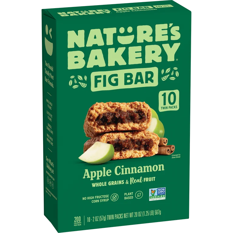 Nature's Bakery Apple Cinnamon Fig Bars 10 Twin Packs 2 oz Each Non-GMO Vegan Kosher Whole Grains Real Fruit Soft Baked Snack