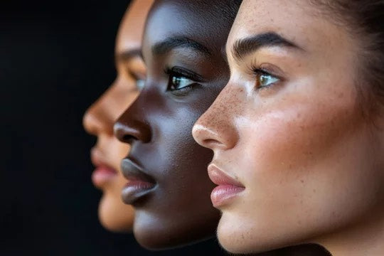 Three women of different ethnicities with a black background