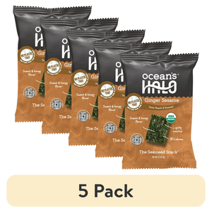 (5 pack) Ocean's Halo, Organic Trayless Seaweed Snack, Ginger Sesame, Vegan, Shelf-Stable Nori, 0.14 oz