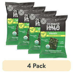 (4 pack) Ocean's Halo, Organic Trayless Seaweed Snack, Wasabi, Vegan, No Plastic Tray, 1pk Nori Sheets, Shelf-Stable, 0.14 oz