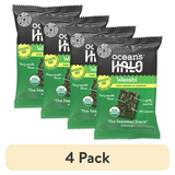 (4 pack) Ocean's Halo, Organic Trayless Seaweed Snack, Wasabi, Vegan, No Plastic Tray, 1pk Nori Sheets, Shelf-Stable, 0.14 oz