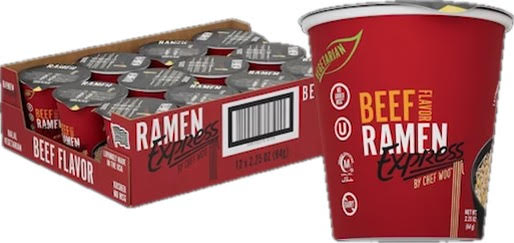 RAMEN EXPRESS Beef Flavor Ramen Cup Noodle, 2.25 Oz Each (Pack Of 12) by Chef Woo | Vegetarian |Halal | Egg-Free and Dairy-Free