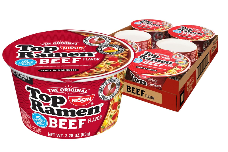 Nissin Top Ramen Bowl Ramen Noodle Soup Beef Flavor 3.28 Ounce Pack of 6 Ready in 5 Minutes Authentic Taste Classic Beef Flavor
