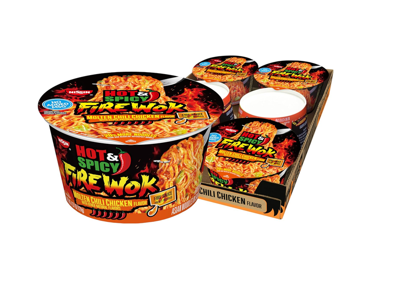 Nissin Hot & Spicy Fire Wok Molten Chili Chicken Flavor Top Ramen Bowl 4.37 Ounce Pack of 6 Convenient Beef Flavored Soup for Quick Meals