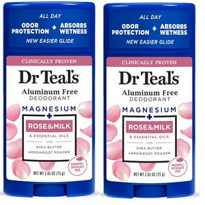 Dr Teal's Aluminum Free Deodorant, Rose & Milk with Essential Oils, 2.65 oz - Paraben & Phthalate Free - 2.65 oz Pack of 2