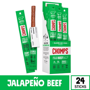 24 Pack Chomps Grass Fed Beef Jerky Sticks, Jalapeno Beef, High Protein, Gluten Free, Sugar Free, Whole 30 Approved, 24ct 1.15oz