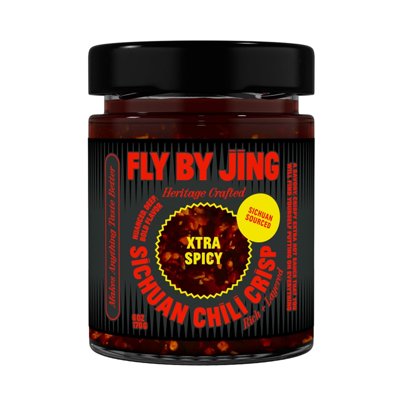 FLYBYJING Xtra Spicy Sichuan Chili Crisp: Premium Chili Oil w/Crunchy Garlic and Shallots - Spicy, Savory, Vegan, Sugar Free Hot Sauce - Good on Noodles, Proteins, Veggies & Everything, 6oz (Pack of 2)