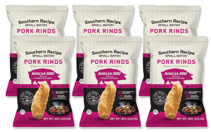 6 pack Southern Recipe Small Batch Pork Rinds | Korean Kimchi BBQ Chicharrones | Keto Friendly, Gluten Free, Low Carb Food | 7g of Collagen Per Serving | High Protein | 4 Oz Bag (Pack of 6)