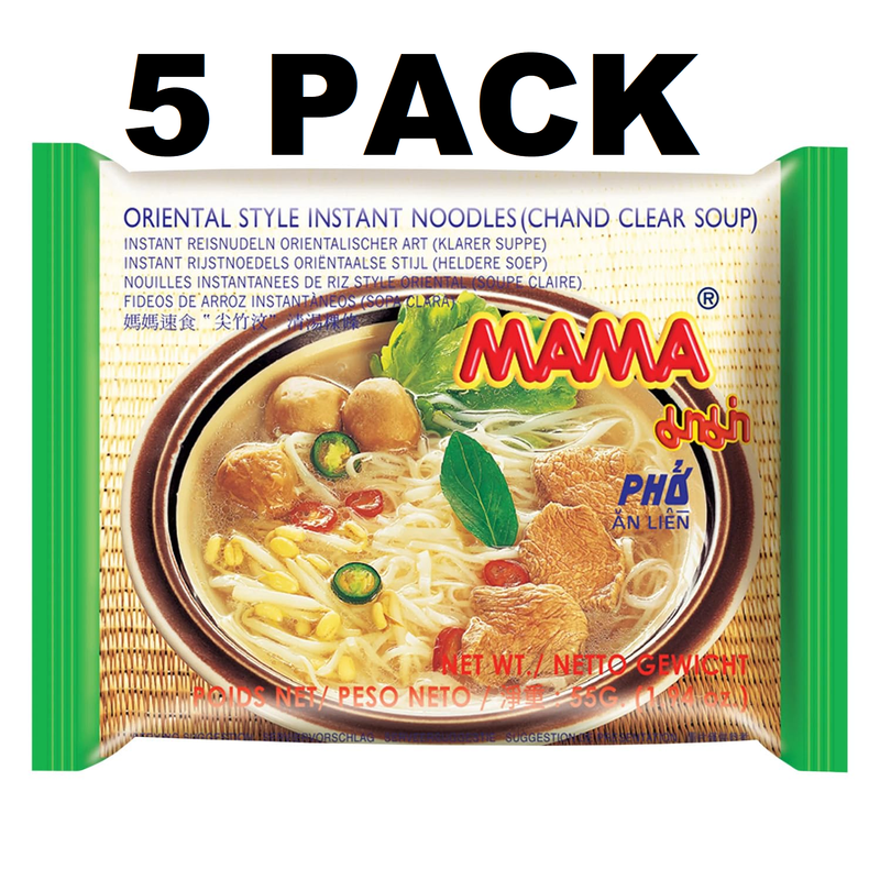 MAMA Noodles Chand Clear Pho Soup Instant Rice Noodles w/Delicious Thai Flavors, Hot & Spicy Noodles, No Trans Fat w/Fewer Calories Than Deep Fried Noodles 5 Pack