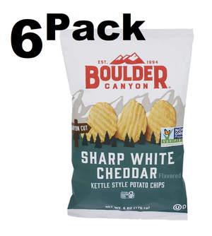 6 Pack Boulder Canyon Sharp White Cheddar Kettle Chips, 6 Ounce -- 6 per case.