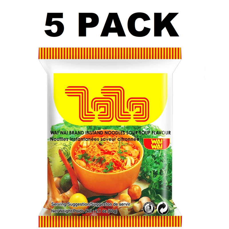 Wai Wai Hot and Sour Style Instant Noodles 5 Pack - Quick & Easy Asian Cuisine Meal
