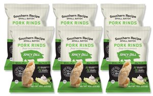 6 Pack Southern Recipe Pork Rinds Spicey Dill Fried Chicharrones, Keto Friendly, Gluten Free, Low Carb Food | 7g Collagen Per Serving | High Protein 4oz (pack of 6)