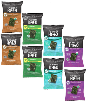 Ocean's Halo Variety Pack - Wasabi, Sea Salt, Ginger Sesame & Thai Sweet Chili Organic Trayless Seaweed Snack 8 Pack Vegan Gluten-Free 0.14 oz Nori Sheets USDA Certified Organic Non-GMO Shelf-Stable