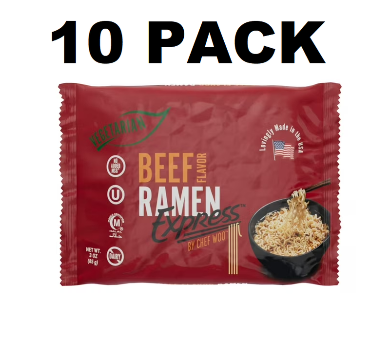 RAMEN EXPRESS Beef Flavor Ramen Noodle Packs, 3 Oz Each (Pack Of 10) | Animal-free Ramen Noodles | All Plant-based | Made in U.S. with finest American flour